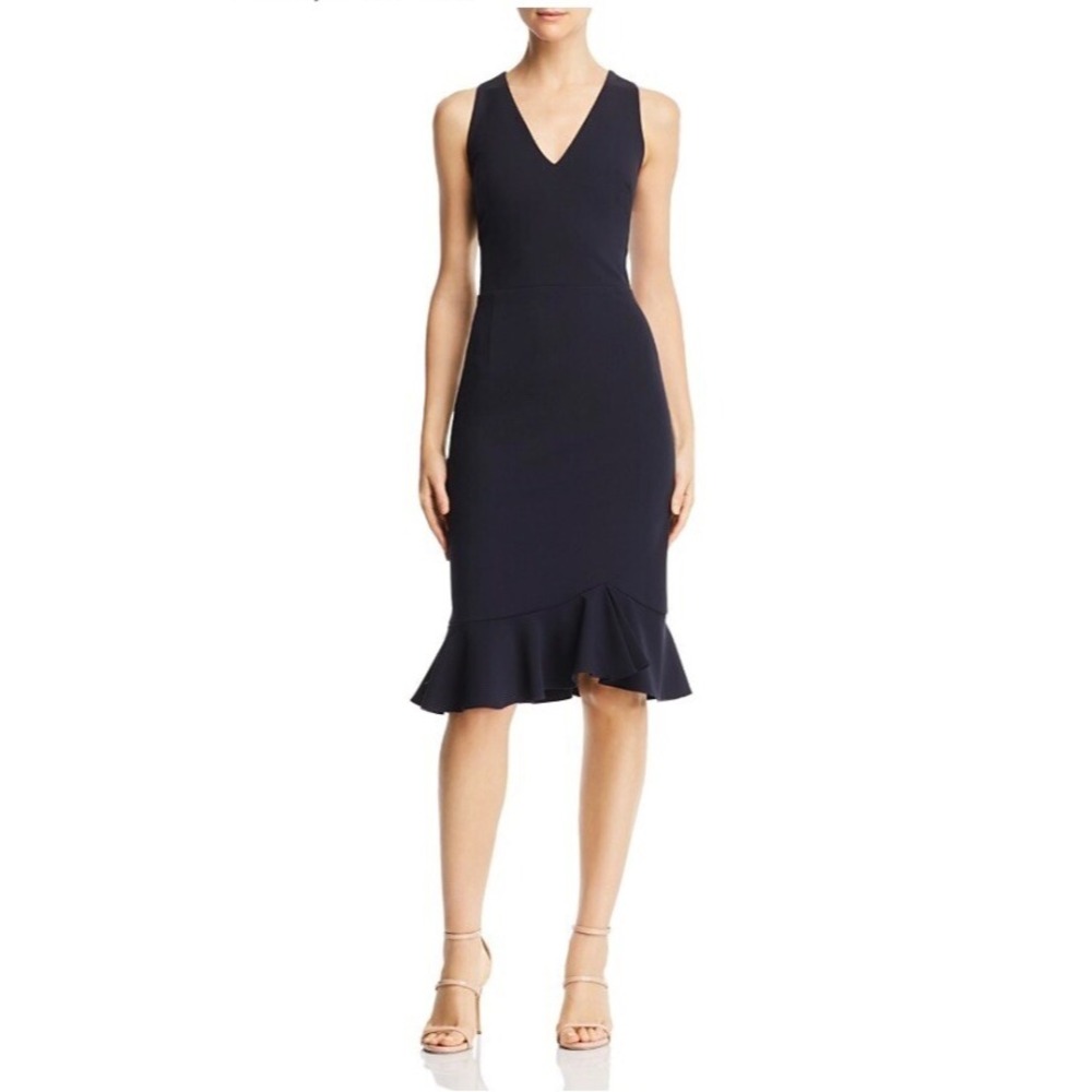 Betsey Johnson Flounce Navy Scuba Crepe Dress - Size 10 Ruffle V-Neck